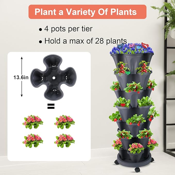 Vertical Planter, 7 Tier Stackable Strawberry Planter with Garden Tool Set, Movable Indoor/Outdoor Garden Herb Pot for Growing Vegetables and Succulents, Dark Gray-Ruum Studio Home