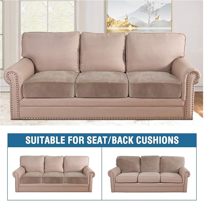 H.VERSAILTEX Velvet Stretch Couch Cushion Cover Plush Cushion Slipcover for Chair Loveseat Sofa Cushion Furniture Protector Seat Cushion Sofa Cover (3 Piece XL Sofa Cushion Covers, Taupe)-Ruum Studio Home