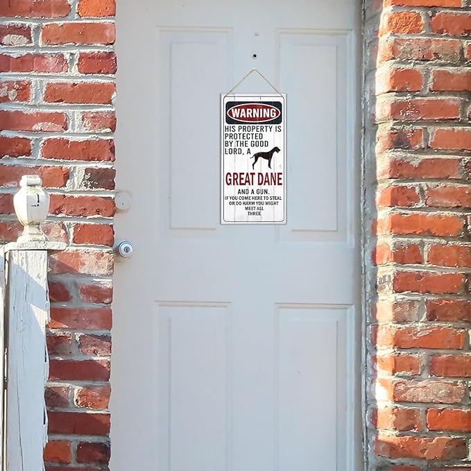Warning Sign, This Property Is Protected By The Goodlord, A Great Dane And A Gun Warning Wood Plaque Sign, Funny Door Signs, Decorative Wood Hanging Suspension Plaque, Farmhouse Wooden Wall Decor-Ruum Studio Home