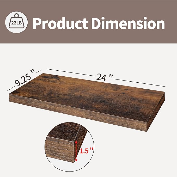 LaVie Home Floating Shelves, 24 Inch Wall Shelf Set of 2, Hanging Shelf with Invisible Brackets, Wall Decor for Bathroom, Bedroom, Living Room, Kitchen Storage, Rustic Brown-Ruum Studio Home