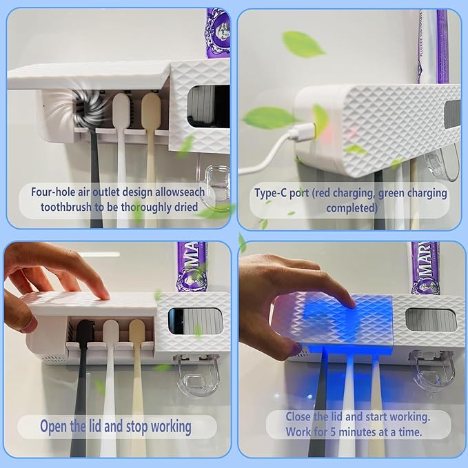 Smart Toothbrush Holder for Bathrooms, Toothbrush Cleaner Wall Mounted, Automatic Toothpaste Dispenser for Equipped with 3 Slots (White)-Ruum Studio Home