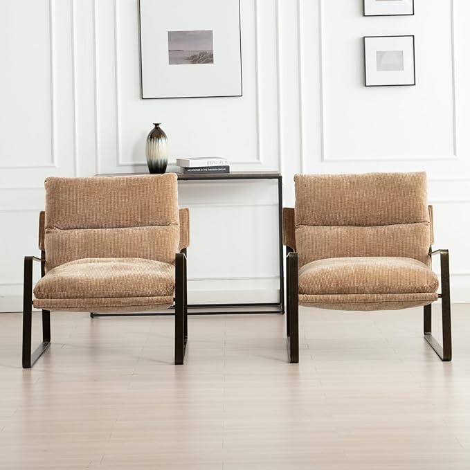 DUOMAY Mid-Century Accent Chairs Armchair Set of 2, Comfy Chenille Leisure Chairs Lazy Chairs with Brozen Metal Leg for Living Room Bedroom Office Apartment, Khaki-Ruum Studio Home
