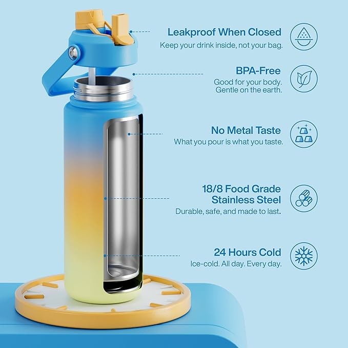 Insulated Water Bottle with Straw Stainless Steel Water Bottle, Leak-Proof, BPA-Free, Double Wall Vacuum Keeps Cold for 24 Hours for Sports, Travel, School (32 oz, Sunny Breeze)-Ruum Studio Home