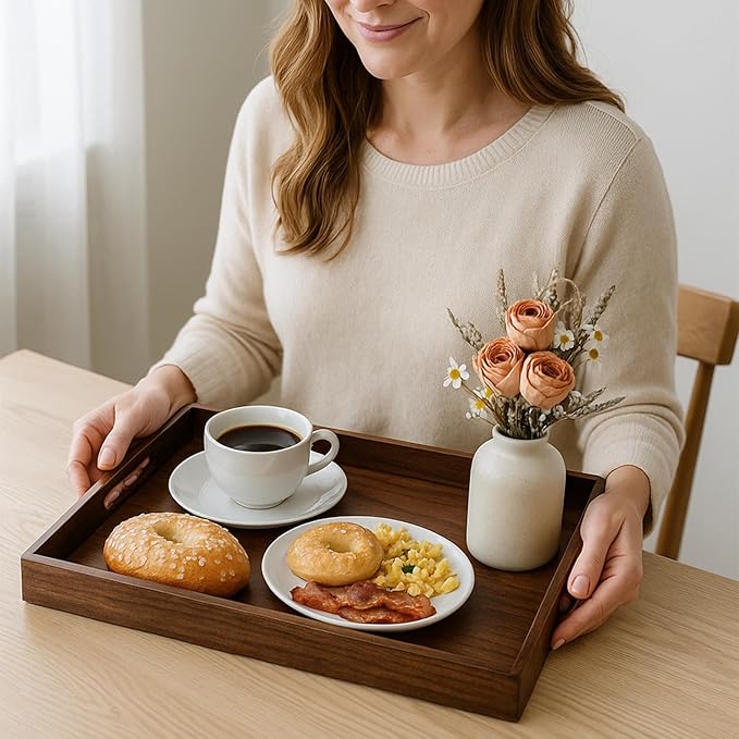 Acacia Wood Serving Tray with Handles, 17 Inch Wooden Tray for Ottoman, Breakfast, Lunch, Dinner, Decorative Rectangular Tray for Living Room, Kitchen Counter, Outdoor-Ruum Studio Home