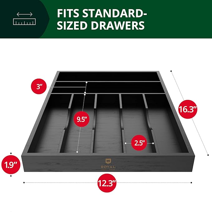 ROYAL CRAFT WOOD Luxury Bamboo Kitchen Drawer Organizer - Silverware Organizer - Utensil Holder and Cutlery Tray with Grooved Drawer Dividers for Flatware and Kitchen Utensils (7 Slot, Black)-Ruum Studio Home