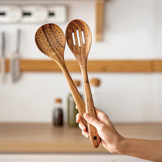 Gudamaye 13 inch Long Wooden Spoons for Cooking,Wooden Utensils for Cooking with Utensils Holder,9 PCES Wooden Kitchen Utensils Set with Utensils Holder and Spoon Rest,Natural Teak Wooden Spoons Set-Ruum Studio Home