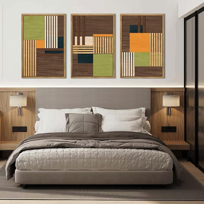 Large Modern Abstract Wall Art Set Minimalist Line Wood Wall Decor Neutral Brown Art Decor Colorful Geometric Wooden Wall Sculptures for Living Room Bedroom Office-16x24Inchx3-Ruum Studio Home