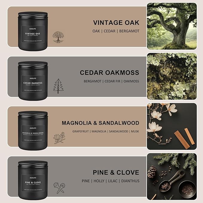 Scented Candles Set | Masculine Candle, Gifts for Men - Soy Candles for Home Scented - 4 Pack Aromatherapy Candle Gift - Scent of Vintage Oak/Cedar Oakmoss/Magnolia & Sandalwood/Pine & Clove-Ruum Studio Home