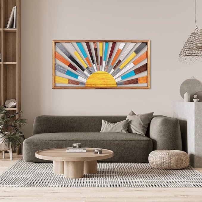 IARTTOP Large Boho Sun Wall Art Framed Wooden Art Wall Decor Rainbow Sun Rising On The Horizon Geometric Line Sunshine Wall Art for Living Room Bedroom Office 16"x32"-Ruum Studio Home