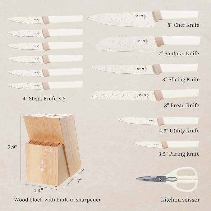 Zhang Xiao Quan Since 1628 15Piece Kitchen Knife Set,Knife Block Set with Ceramic-Coated Blade Ergonomic Handle(Cream)-Ruum Studio Home
