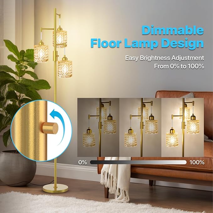 Gold Floor Lamp for Living Room Bedroom, 3-Light Vintage Standing Lamp Stained Glass, Mid Century Modern Tall Floor Lights, Amber Glass Shade with Golden Base-Ruum Studio Home