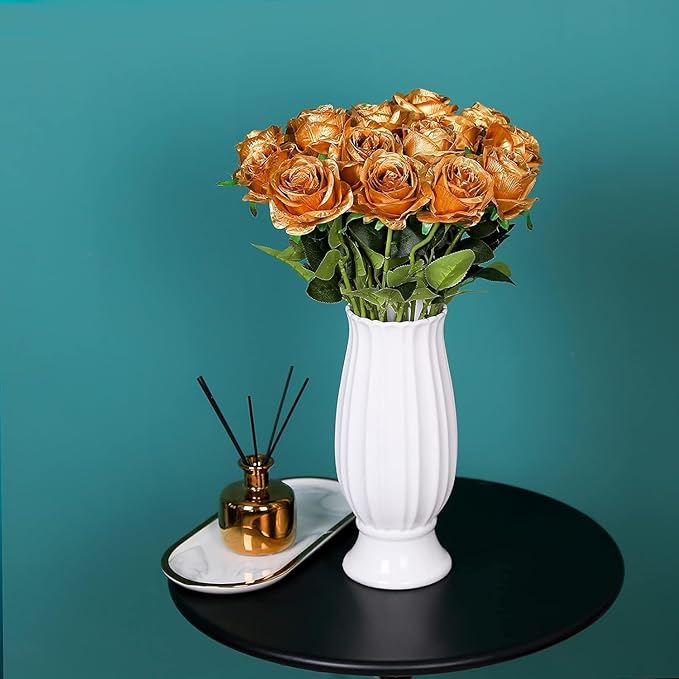 Gold Fake Roses Artificial Flowers - 10 Pcs Fake Artificial Roses Silk Flowers with Stems for Home Wedding Hotel Office Centerpiece Decor-Ruum Studio Home