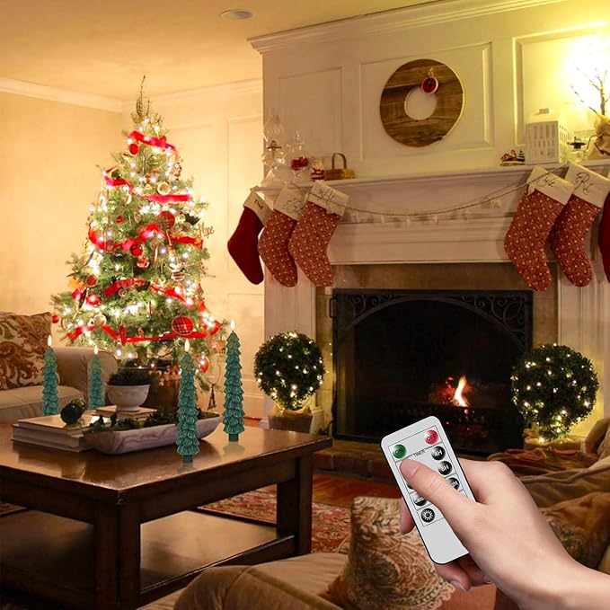 GenSwin Christmas Tree Flameless Taper Candles with Remote Timer, Christmas LED Taper Candles with 3D Flame, 4 Pcs Green LED Candlesticks for Christmas Home Decoration(0.78” x 9.8”)-Ruum Studio Home