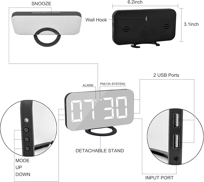 Digital Clock Large Display, LED Alarm Electric Clocks Mirror Surface for Makeup with Diming Mode, 3 Levels Brightness, Dual USB Ports Modern Decoration for Home Bedroom Decor-Black-Ruum Studio Home