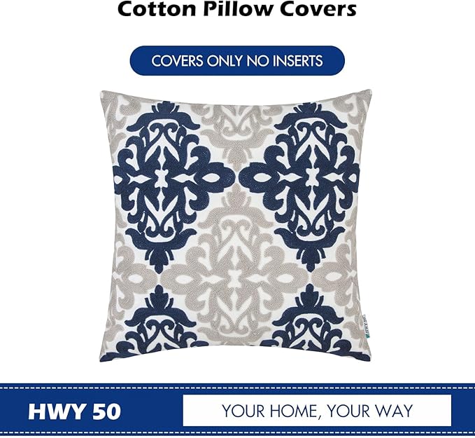 HWY 50 Navy Blue Decorative Throw Pillow Covers 18x18 Inch (1 Piece), Embroidered Cotton Farmhouse Cushion Cover Pillow Case for Sofa Couch Living Room Bed Bedroon, Floral Geometric-Ruum Studio Home