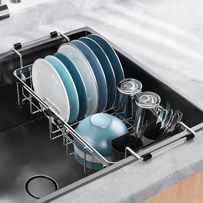 GSlife Expandable in Sink Small Dish Drying Rack - Stainless Steel Capacity Adjustable Over The Sink Dish Rack with Utensil Holder, 11.9“-16.7” L x 9" W x 5.7" H, Silver-Ruum Studio Home