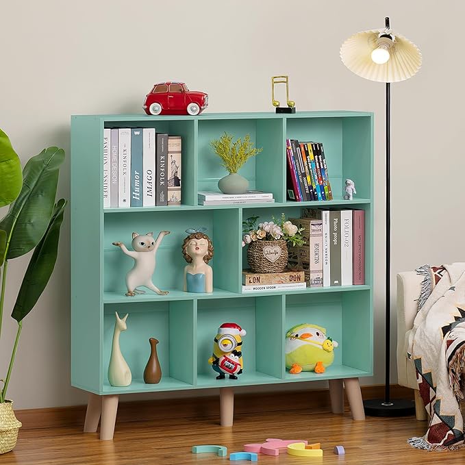 LEYAOYAO 8 Cube Bookshelf 3-Tier Bookcase with Legs, Mint-Green Kids Book Shelf Cute Storage Organizer, Large Open Toy Shelves Modern Bookshelves,Display Bookcases for Bedroom,Living Room,Nursery-Ruum Studio Home