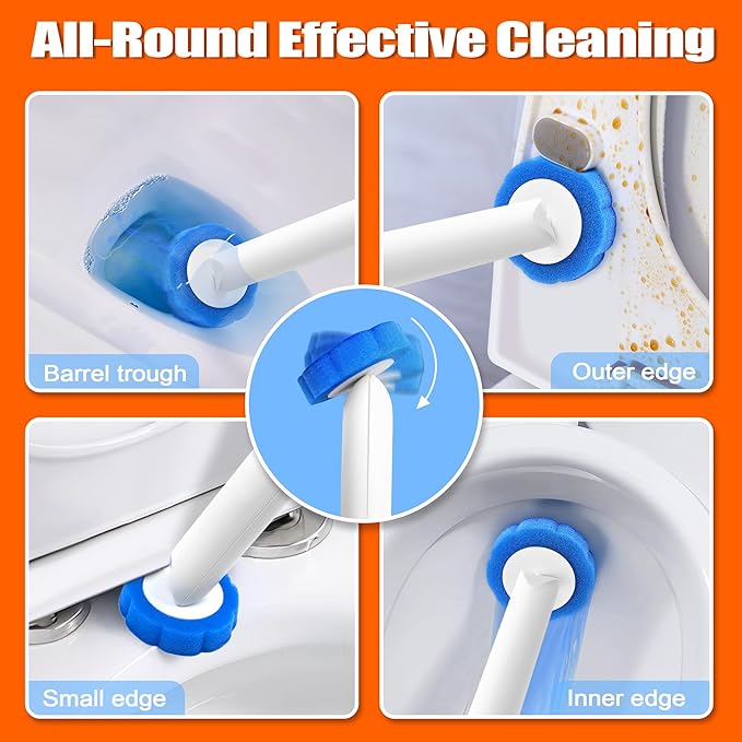 JEHONN Disposable Toilet Brush with Tweezers, Toilet Bowl Wand Holder Set with 42 Cleaner Refills, Bathroom Cleaning System for Sink Bathtub Wash Basin (White Orange)-Ruum Studio Home