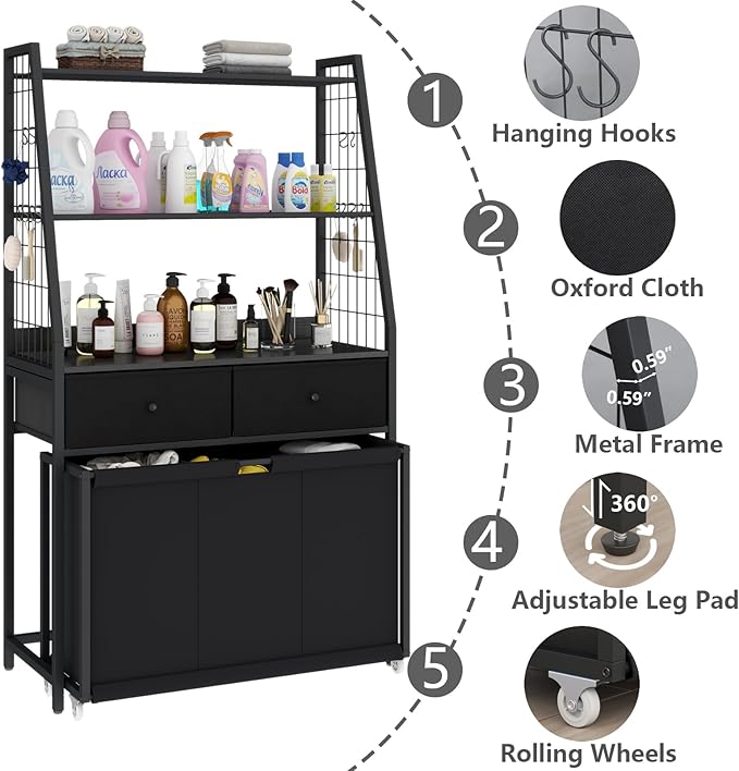 Laundry Hamper Laundry Basket with 3 Section Pull-Out Rolling Bags & 2-Tier Storage Shelf, Laundry Sorter for Organization and Storage with 2 Drawers for Laundry Room, Bathroom-Ruum Studio Home
