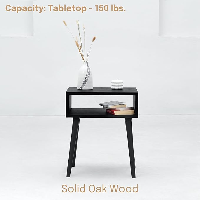 NTC Solid Oak Zoe Nightstand, Mid Century Modern Side Table Bedroom, Bedside Furniture, Night Stand, End Table, Easy Assembly - Burnt Black-Ruum Studio Home