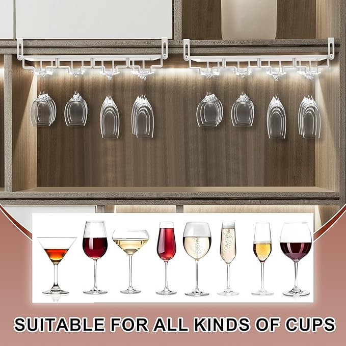AUHOKY 2Pcs Adjustable Wine Glass Rack Under Cabinet, Punch-Free 4 Rows Stemware Wine Glass Metal Holder, Hanging Wine Glasses Storage Hanger Organizer for Shelf Kitchen Bar Decor(White, 4 Rows)-Ruum Studio Home