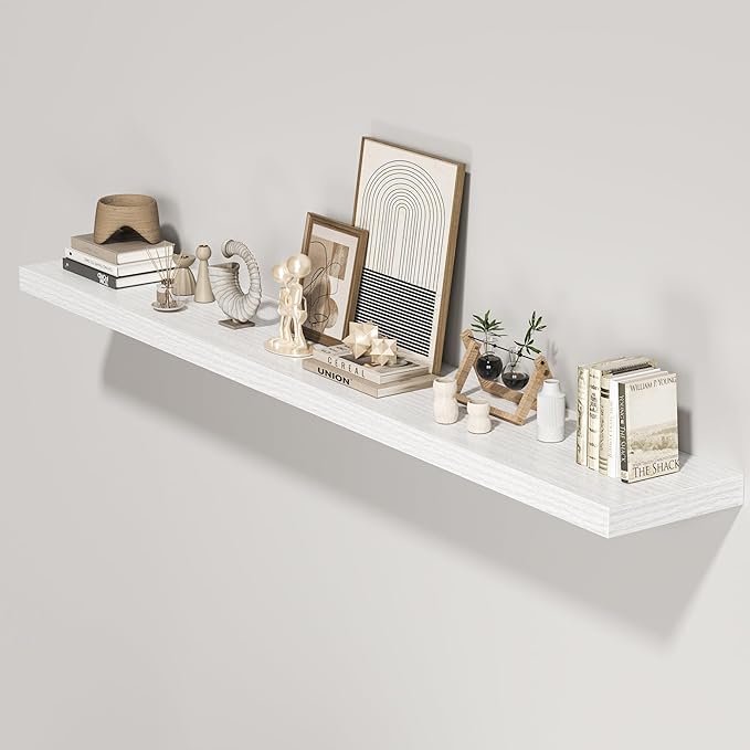 Floating Shelves for Wall, 72"W x 9.3"D x 1.5"H, Long Wooden Wall Mounted Display Shelves with Invisible Brackets for Living Room, Bedroom, Bathroom, Kitchen Decor and Storage, Set of 1, White-Ruum Studio Home