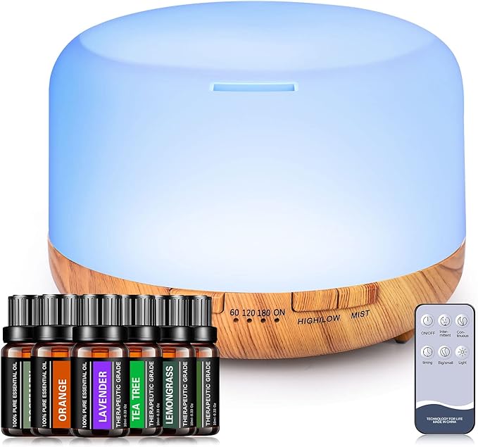 YIKUBEE Oil Diffuser with Essential Oils Set, 500ml Diffuser, 6x10mL Essential for diffusers for Home, Aromatherapy Humidifier, Diffusers for Essential Oils Large Room-Ruum Studio Home