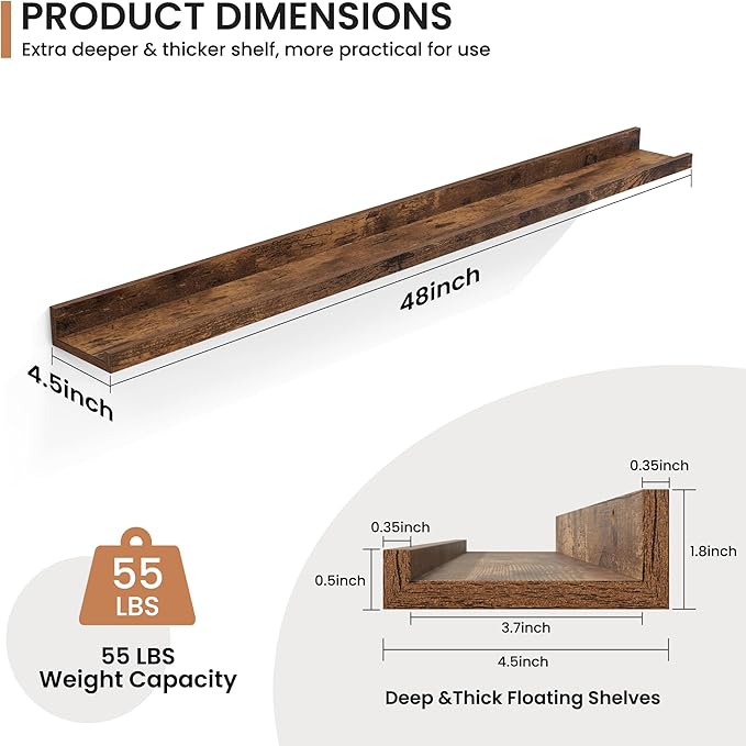 Fun Memories Picture Ledge Shelves Set of 2, 48 Inch Rustic Wall Mounted Floating Shelves with Lip for Home Storage and Décor in Bathroom, Kitchen, Nursery, Bedroom, Living Room, Brown-Ruum Studio Home