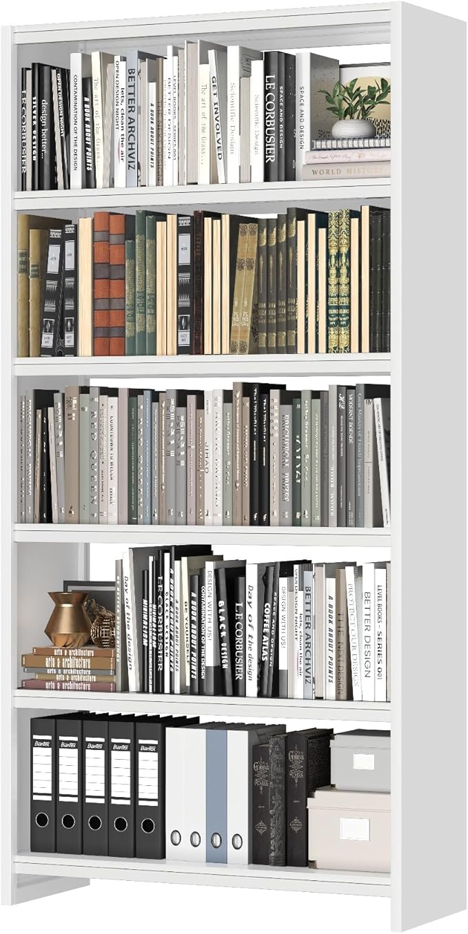 69" Tall Bookcase, 5-Tier Wide Bookshelf, Library Book Case with Display Shelf, Lightweight Metal Bookshelves, Industrial Book Shelf for Home, Office, Library, and School (White)-Ruum Studio Home