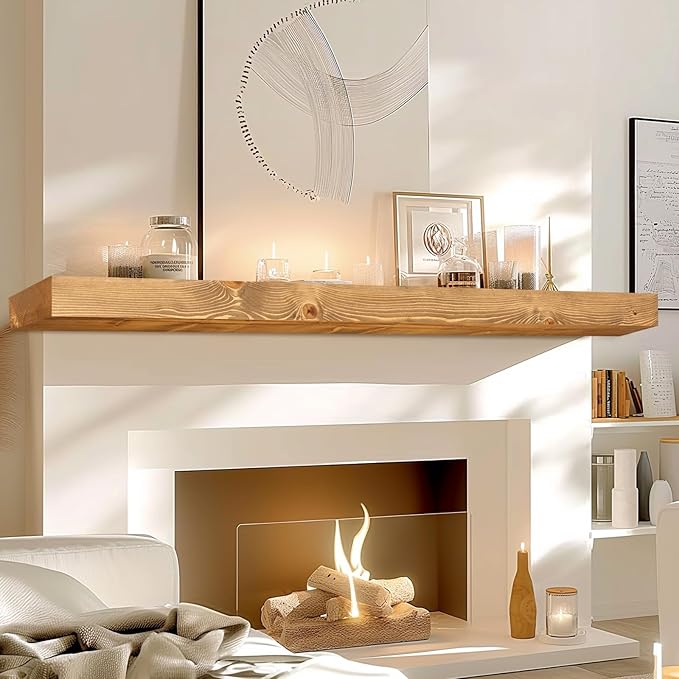 72x7x3 Fireplace Mantel - Solid Rustic Wood - Wall Mounted Floating Shelf with Invisible Heavy Duty Steel Bracket (Natural Wood)-Ruum Studio Home