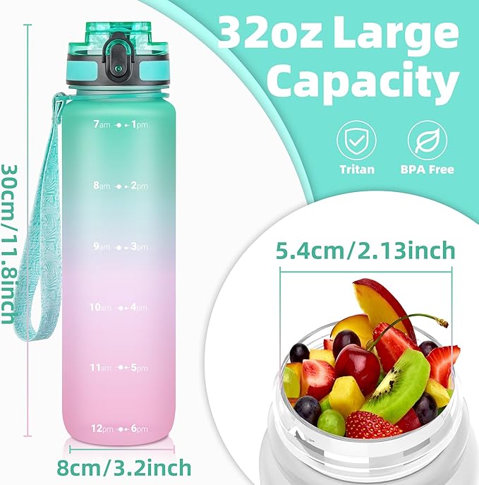 OLDLEY 32 oz Water Bottle, Motivational Water Bottle with Time Marker, Sports Water Bottle With Strap, Leakproof & BPA Free Large Water Bottles for School, Gym, Travel, Outdoor, Tritan,Green&Pink-Ruum Studio Home