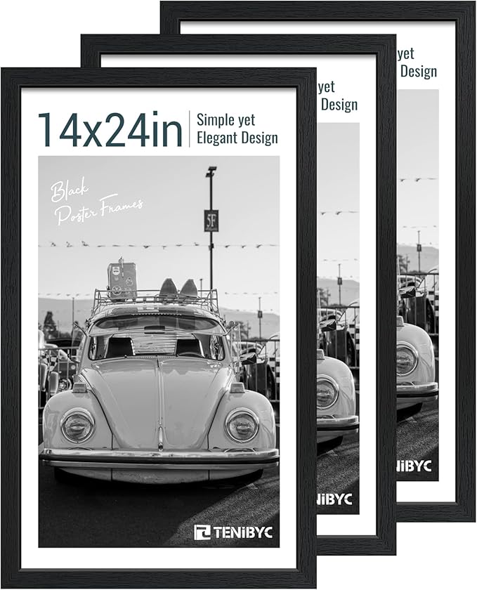 14x24 Poster Frame 3 Pack, Textured Black Solid Wood Gallery Picture Frame - Wall Hanging-Ruum Studio Home
