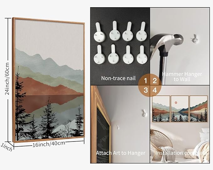 Tinonedraw Boho Mountain Framed Canvas Wall Art Set, Watercolor Nature Landscape Wall Decor, Black Pine Forest Artwork, Modern Sunrise Art Prints for Living Room, Bedroom, Office 16"x24"x3-Ruum Studio Home