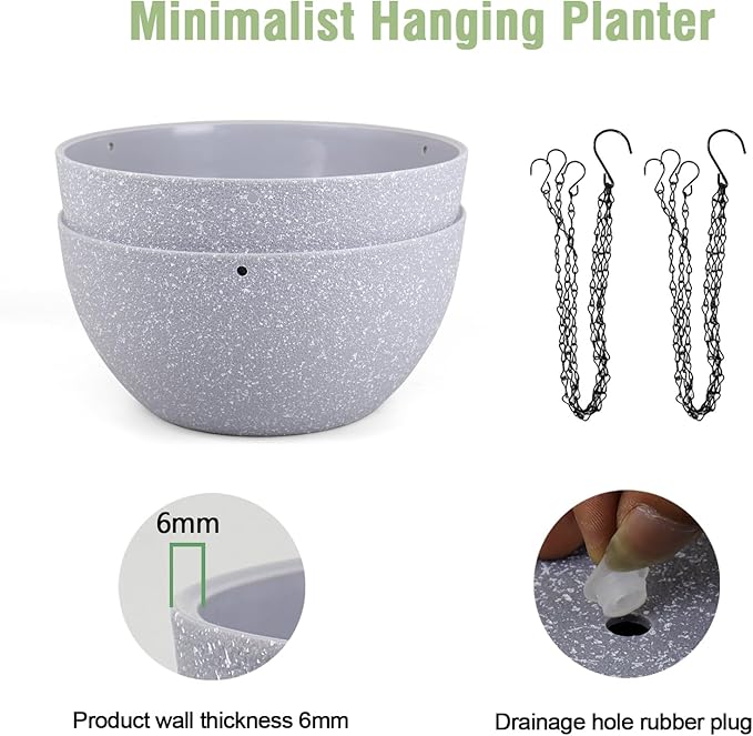 10 inch Hanging Planters for Indoor Outdoor Plants, 2 Pack Hanging Flower Pots with Drainage Holes and Chain for Garden Porch, Plastic Hanging Baskets for House Plants, Speckled Grey-Ruum Studio Home