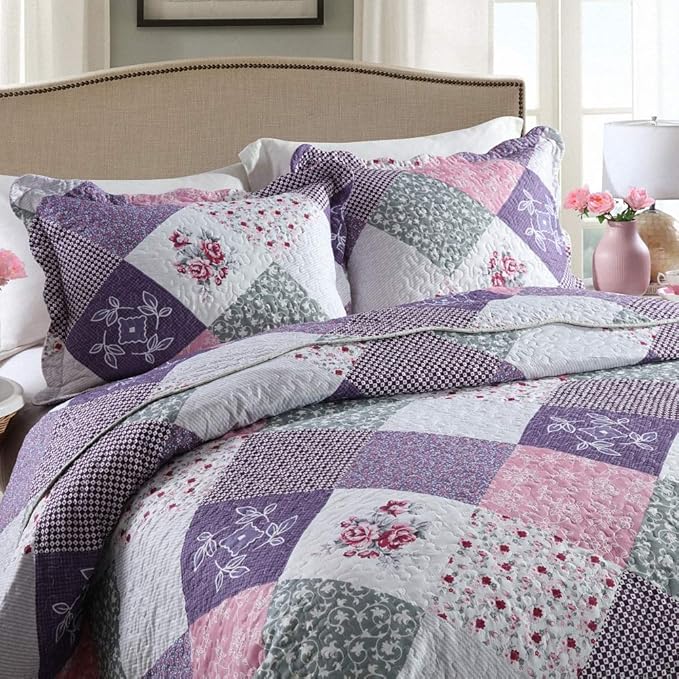 NEWLAKE Quilt Bedspread Sets-Floral Checkered Pattern Reversible Coverlet Set,Queen Size-Ruum Studio Home