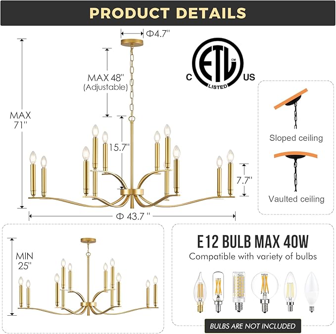 12 Light Gold Living Room Chandelier High Ceiling Foyer Candle Chandelier Large Modern Brass 44in Metal Chandeliers Hanging Light for Master Bedroom Dining Room Light Fixture Over Table-Ruum Studio Home