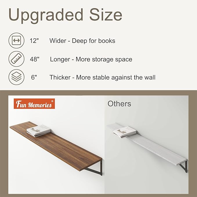 12 Inch Deep Floating Shelves,48W x 12D Floating Shelves, Deep Wall Shelves Bracket Set of 2, Large Display Floating Shelf for Bathroom, Living Room, Wide Storage Wooden Wall Shelf, Walnut-Ruum Studio Home