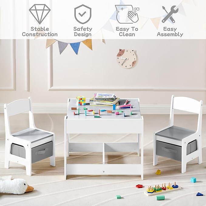 Kids Table and Chair Set, 3 in 1 Wooden Activity Table with Detachable Tabletop, Toddler Table and Chair Set with Storage Drawer, Kids Play Table for Children Art, Craft, Eating, Learning-Ruum Studio Home
