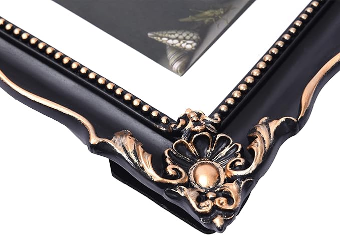 8x10 Vintage Picture Frame with Embossed Flower Design, Black Ornate Frame for 8x10 or 5x7 Pictures with White Mat, Hand-Crafted Resin Antique Frames for Tabletop & Wall Hanging, Home Decor (Black)-Ruum Studio Home