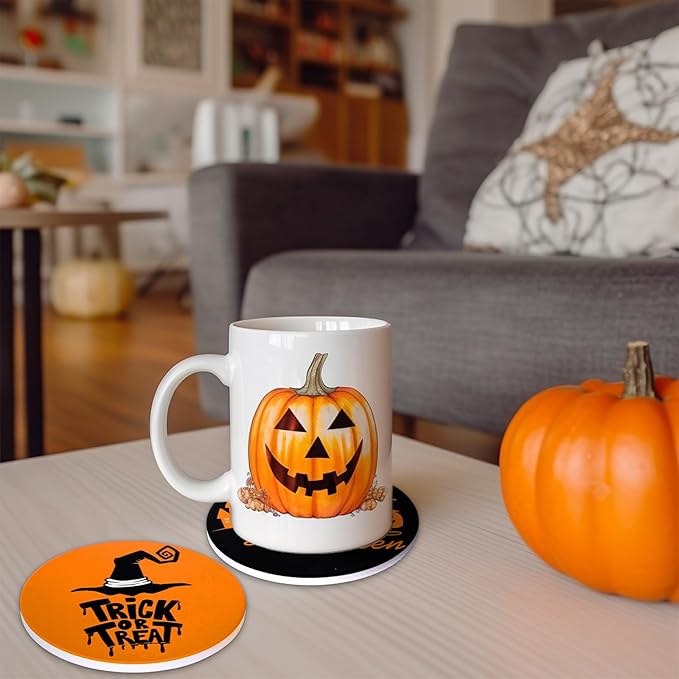 4Pcs Halloween Coasters Orange Black Round Ceramic Coaster Trick or Treat Heat-Resistant Cup Mats for Wooden Table Protection Home Party Supplies-Ruum Studio Home