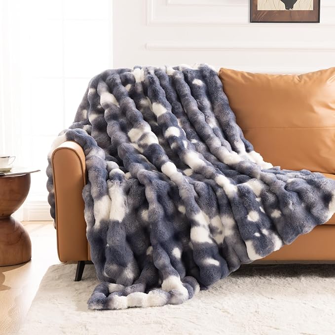 Cozy Faux Fur Throw Blanket for Bed-Warm Fuzzy Throw Blanket, Soft Plush Thick Bubble Blankets for Bedroom and Living Room, Furry Luxury Blanket, 90 x 108,Tie-Dye Blue-Ruum Studio Home