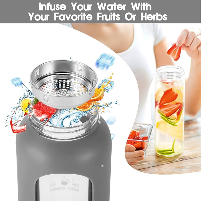 32 oz Glass Water Bottle with Straw - Motivational Time Marker & Silicone Sleeve - Reusable Tumbler Includes 2 Bamboo Lids & Fruit Infuser - 1 Pack-Ruum Studio Home