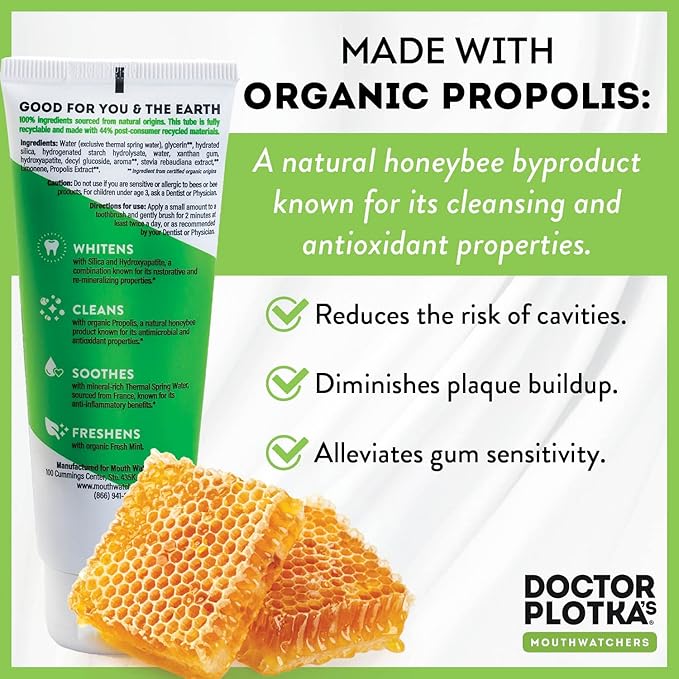 MOUTHWATCHERS Whitening Fluoride Free Naturally Sourced Toothpaste, 4 Tubes, 3 oz Each, for Sensitive Teeth and Gums, Fresh Organic Mint and Propolis, by Dr. Plotka's-Ruum Studio Home