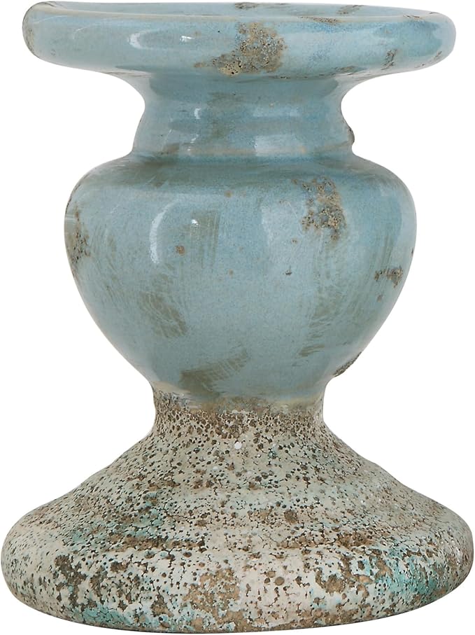 Creative Co-Op Small Distressed Blue Terracotta Pillar Candle Holder-Ruum Studio Home