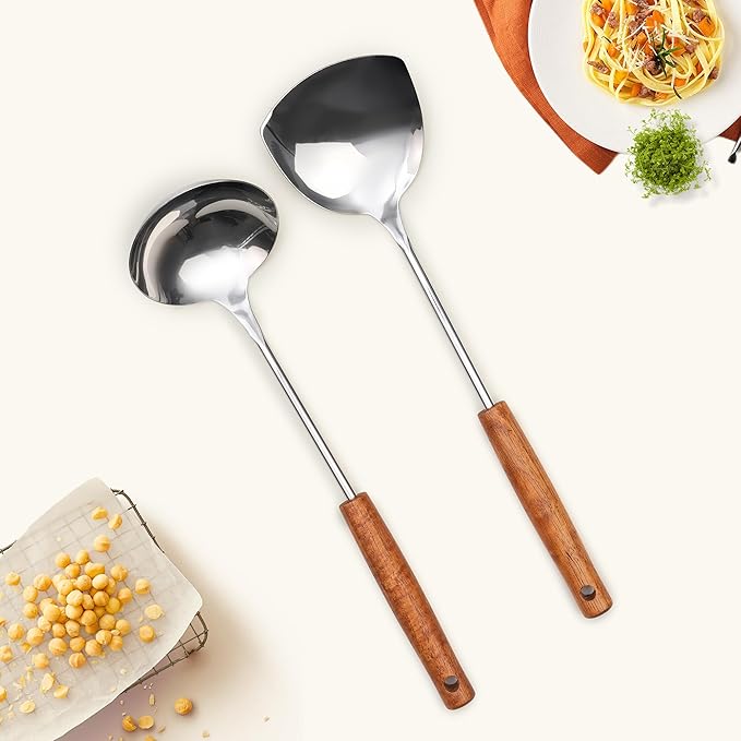 FJNATINH Wok Spatula and Ladle Tool Set - Stainless Steel Wok Tools,Wok Utensil,Mirror Polished Stainless Steel Cooking Utensils 14.6-15.2" Kitchen Utensils Cookware, Pack of 2-Ruum Studio Home