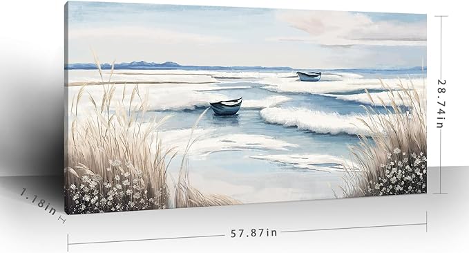 amatop Extra Large Wall Art for Living Room –Big Coastal Beach Minimalist Canvas Artwork with Sailboat Ocean Waves and Reeds Nautical Seascape Picture for Bedroom Decor Blue58x29 Inch-Ruum Studio Home