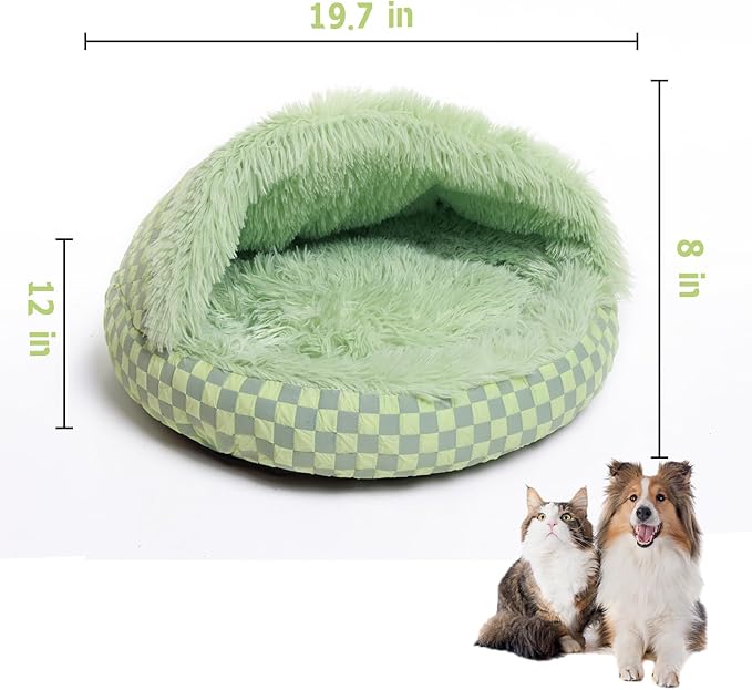 Cat Bed Hooded Plush Nest with Self-Warming Cozy Cave, Calming Anti-Anxiety Pet Bed for Indoor Cats & Small Dogs, Removable Washable Cover & Waterproof Bottom - Green-Ruum Studio Home