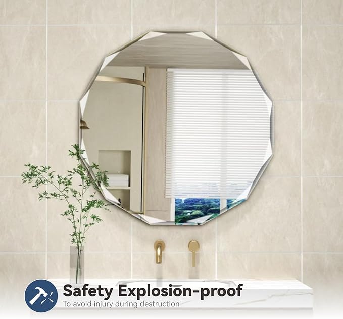 Single Beveled Edge Circle Mirror Frameless Wall Mount Bathroom Vanity Mirror, 20”-Ruum Studio Home