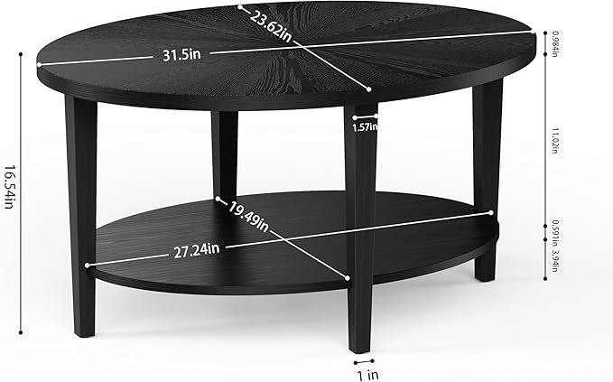 Solid Wood Oval Coffee Table for Living Room, 2 Tier Oval Rustic Coffee Table with Storage Shelf, Double Layer Center Table for Living Room, Easy Assembly-Ruum Studio Home