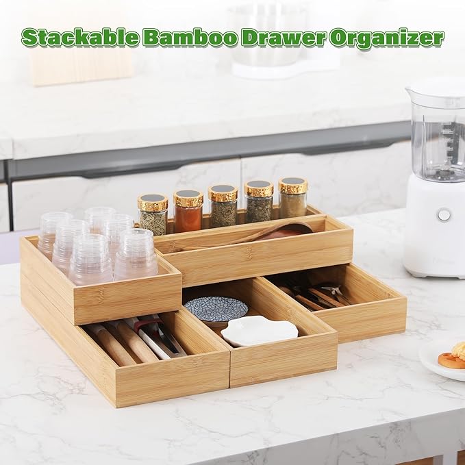 Bamboo Drawer Organizer, 2PCS Stackable Storage Boxes for Utensil Organizer, Wood Tray for kitchen, Bathroom and Bedroom 12" x 6" x 2"-Ruum Studio Home